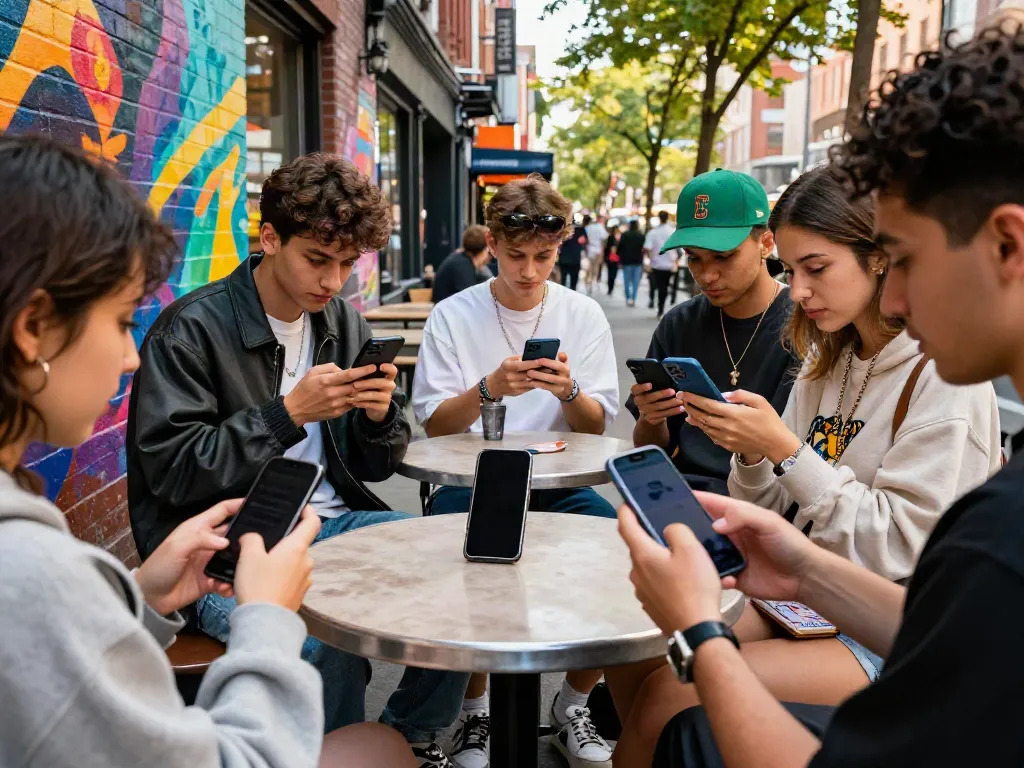 Young adults enjoying a vibrant street scene while using the rokok88 app in trendy outfits.