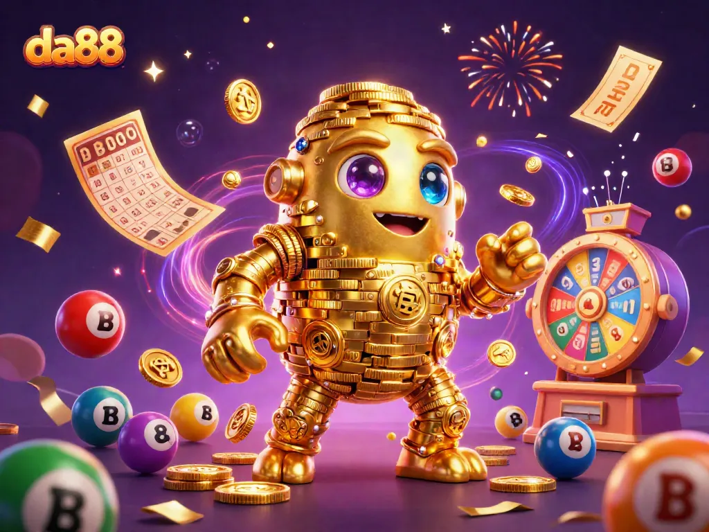 Join the excitement at da88, featuring a vibrant casino scene with colorful elements and golden coins.