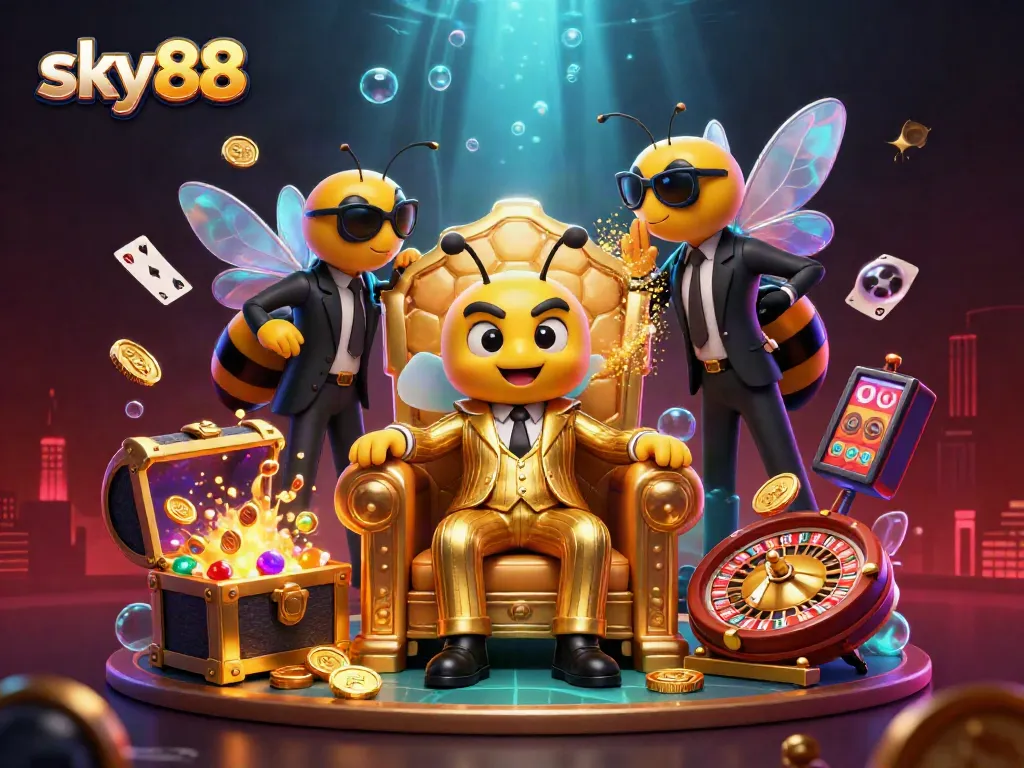 Bet on sports and slots with sky88 in an ultra-detailed 3D digital illustration, showcasing a vibrant casino scene.