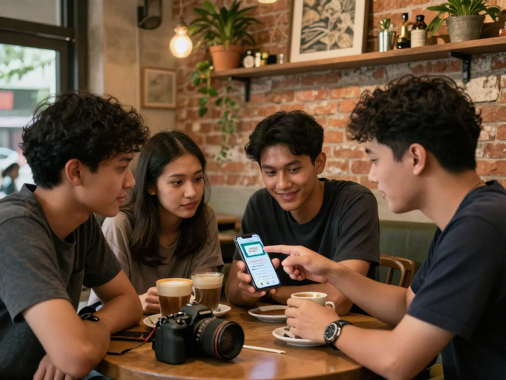 Group discussing rokok88 link alternatif options while enjoying coffee in a cozy café setting.
