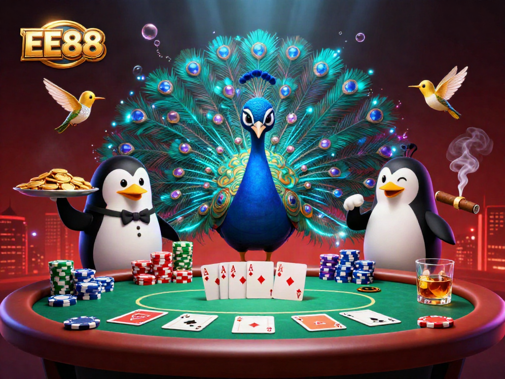 Experience exciting poker action with EE88 illustrated in a vibrant 3D scene featuring characters and gambling elements.