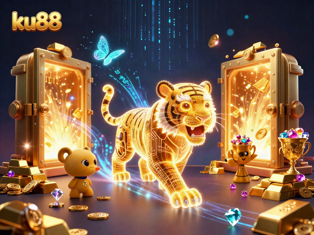 Experience thrilling jackpots at ku88's digital casino with vibrant golden elements and 3D characters.
