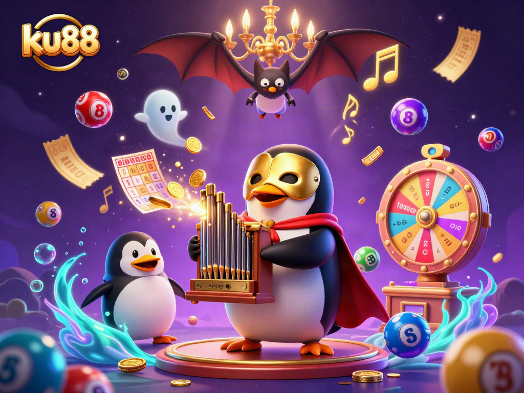 ku88 casino illustration with a penguin character playing an organ, dynamic lottery elements, and vibrant colors.