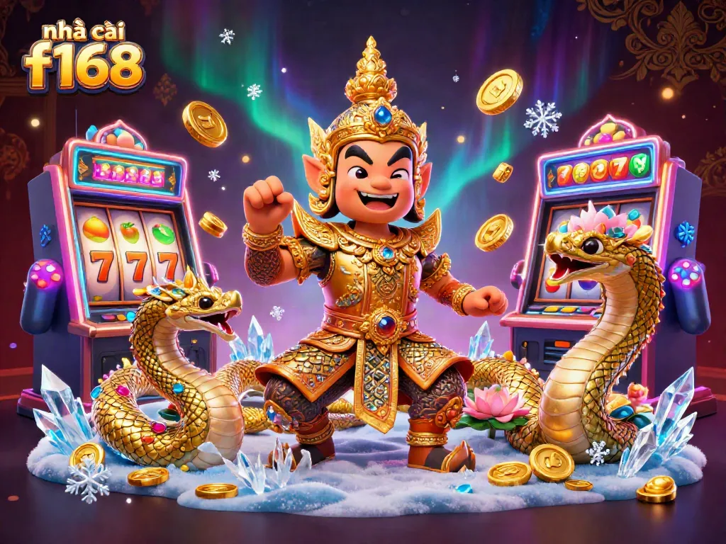 Experience the excitement at nhà cái f168, featuring dynamic slot machine action with vibrant characters.