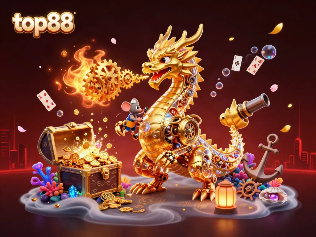 Experience top88's vibrant casino adventures with a dynamic dragon breathing golden gears.