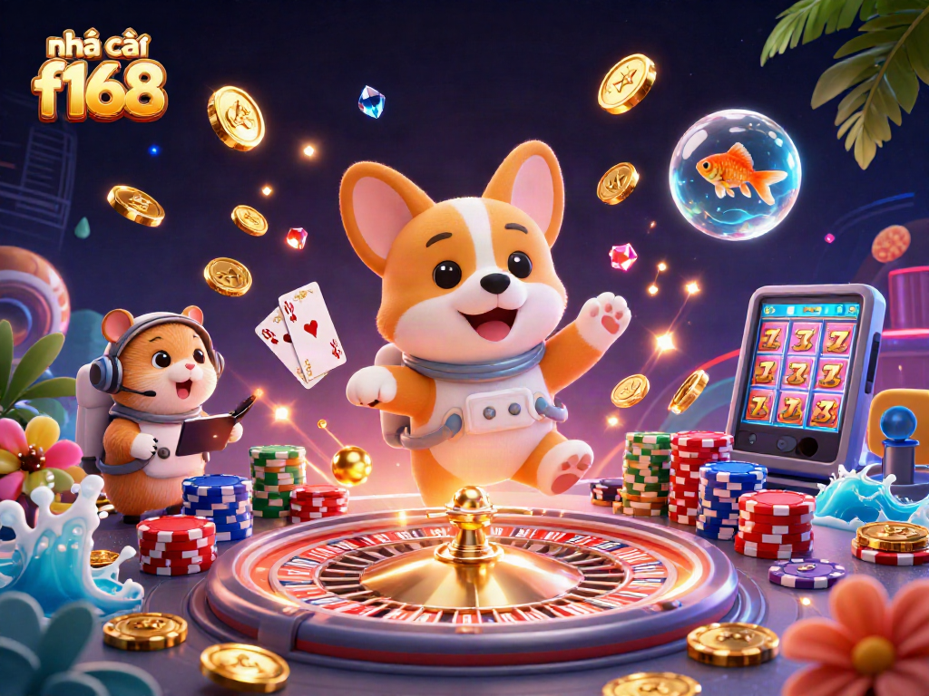 nhà cái f168 transforms gameplay with a floating astronaut corgi in a vibrant space casino scene.