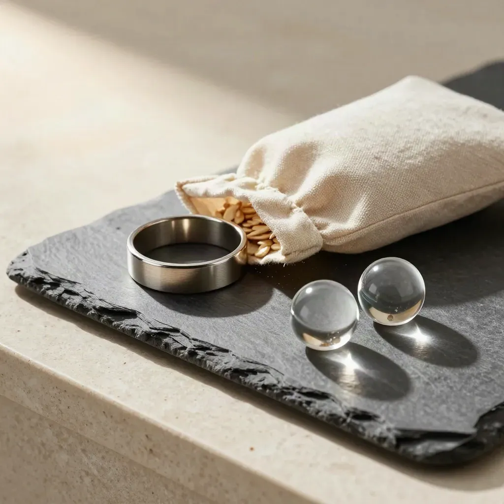 Slate tray with metal ring, linen pouch and glass paperweights in airy daylight