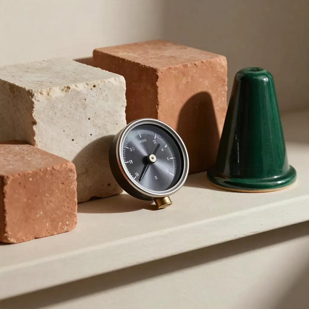Stone blocks, gauge and ceramic marker on a pale shelf, high-angle risk assessment still life.
