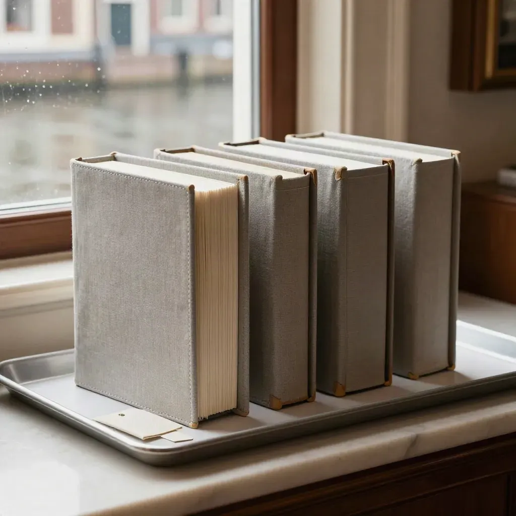 Three closed portfolio cases on a slate tray beside a linen tag in a bright Amsterdam window.