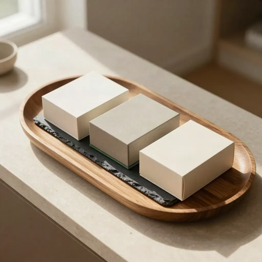 Three ETF comparison boxes on an oak tray with a slate weight in soft daylight.