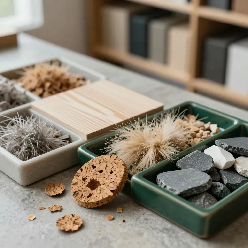 Macro ESG material samples sorted on travertine trays, cork, veneer, fibre and stone chips.