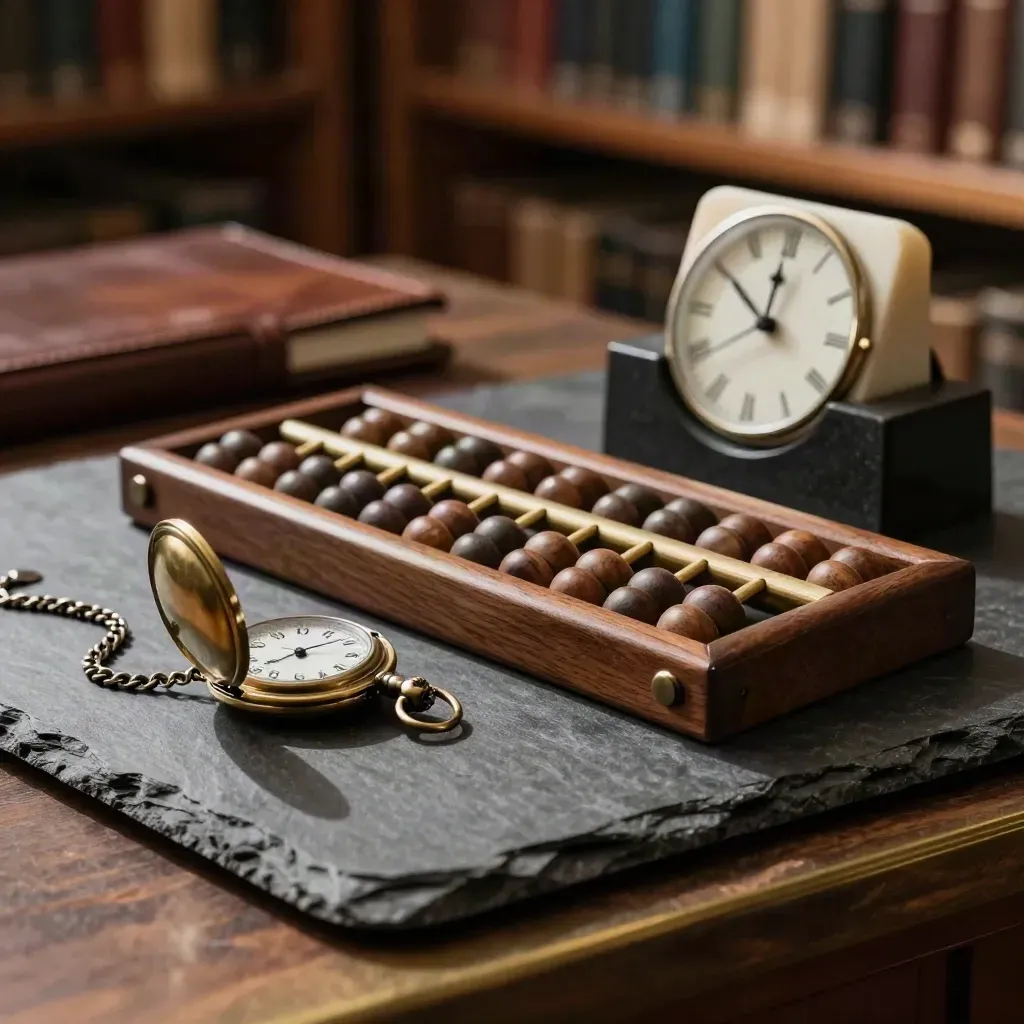 Brass pocket watch, bead frame, and ivory clockweight on slate in a dramatic planner still life.