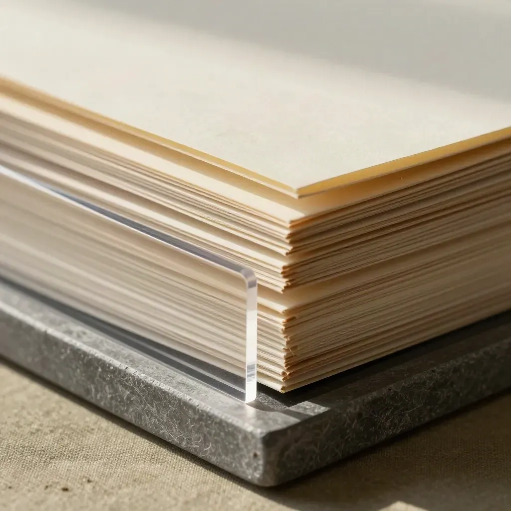 Macro of blank index tabs, acetate divider, and closed research papers on slate