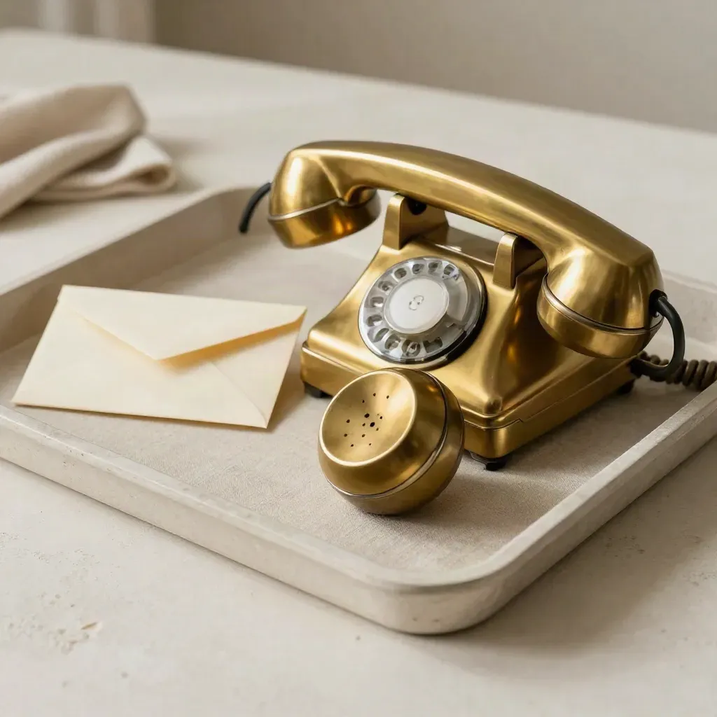 Brass phone handset on a linen tray with a cream card and sealed envelope, softly lit on plaster.
