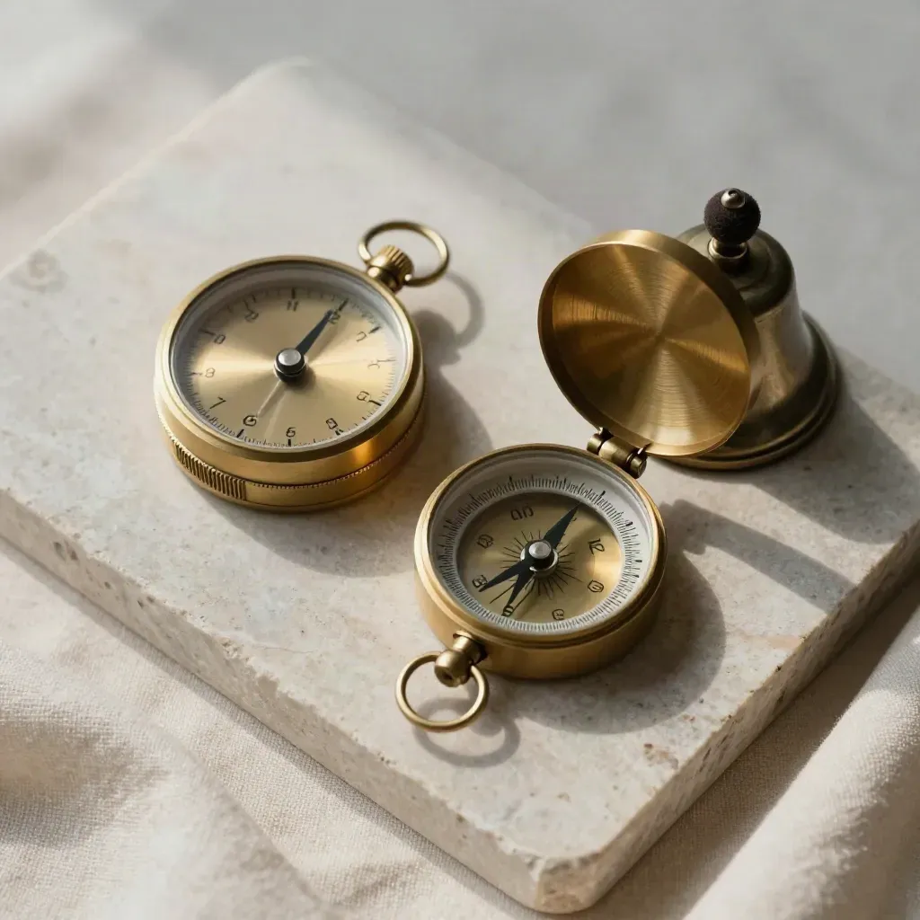 Overhead flat lay of a brass timer, compass and signal bell on pale stone.
