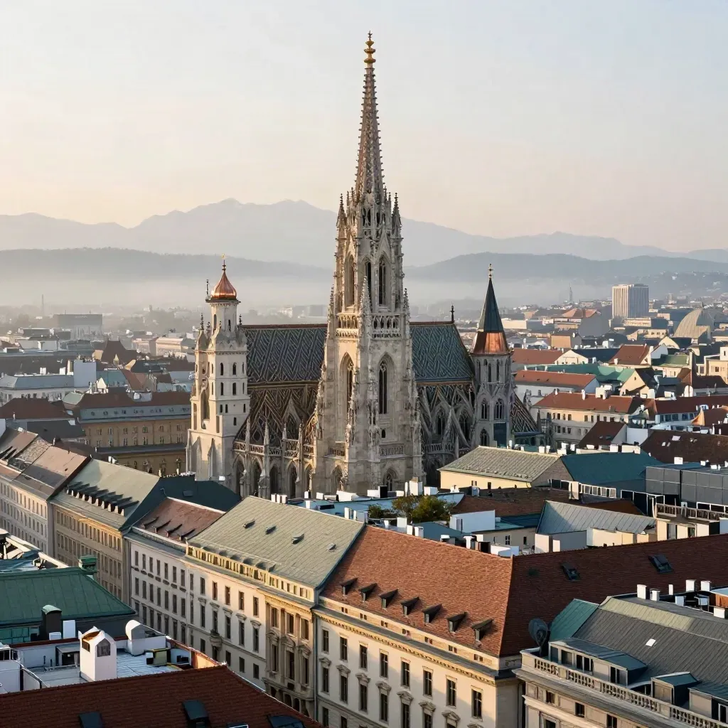 Vienna rooftops at dawn with cathedral tower and hazy Alpine line