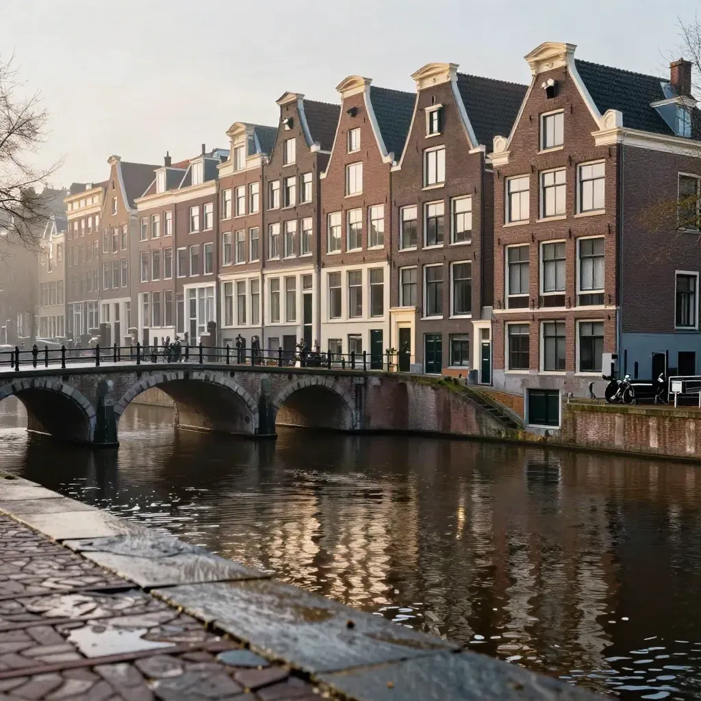 Amsterdam canal houses and a bridge after drizzle, calm water, high-angle cityscape