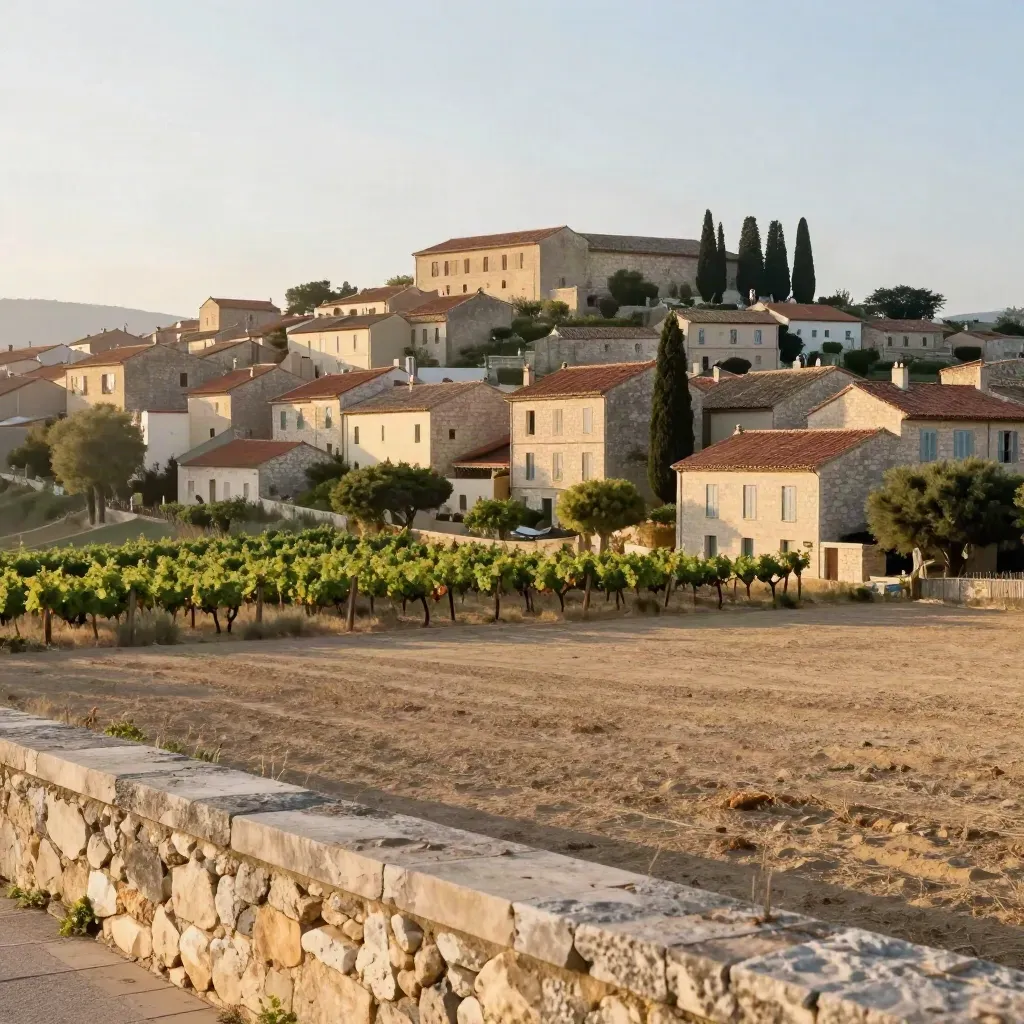 Warm hillside town with terracotta roofs and stone facades above soft hazy ground