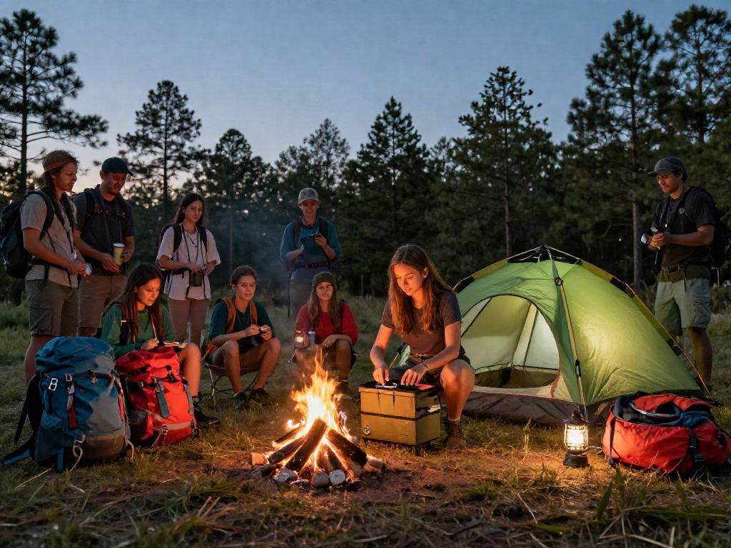 Group of adventurers learning survival skills in a camping setting, showcasing rokok88 alternatif outdoor gear.