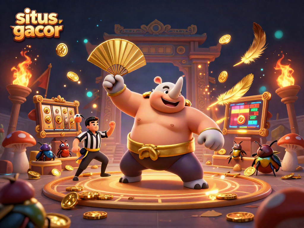 Experience situs gacor action as a beetle sumo champion stomps to send coins flying in a vibrant casino arena.