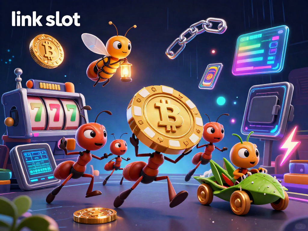 Ants heist with a giant poker chip amid slot reels and neon crypto coins in a vibrant casino scene
