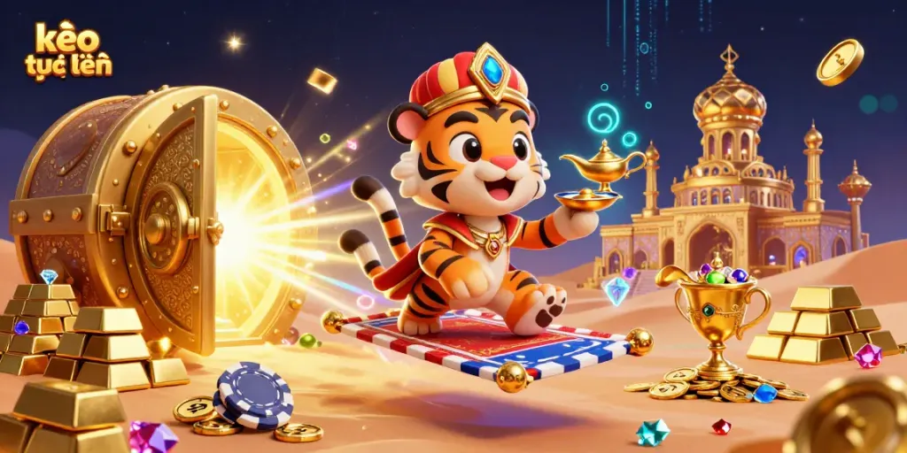 Experience thrilling kèo trực tuyến action with a whimsical tiger sultan and magical elements in a vibrant casino setting.