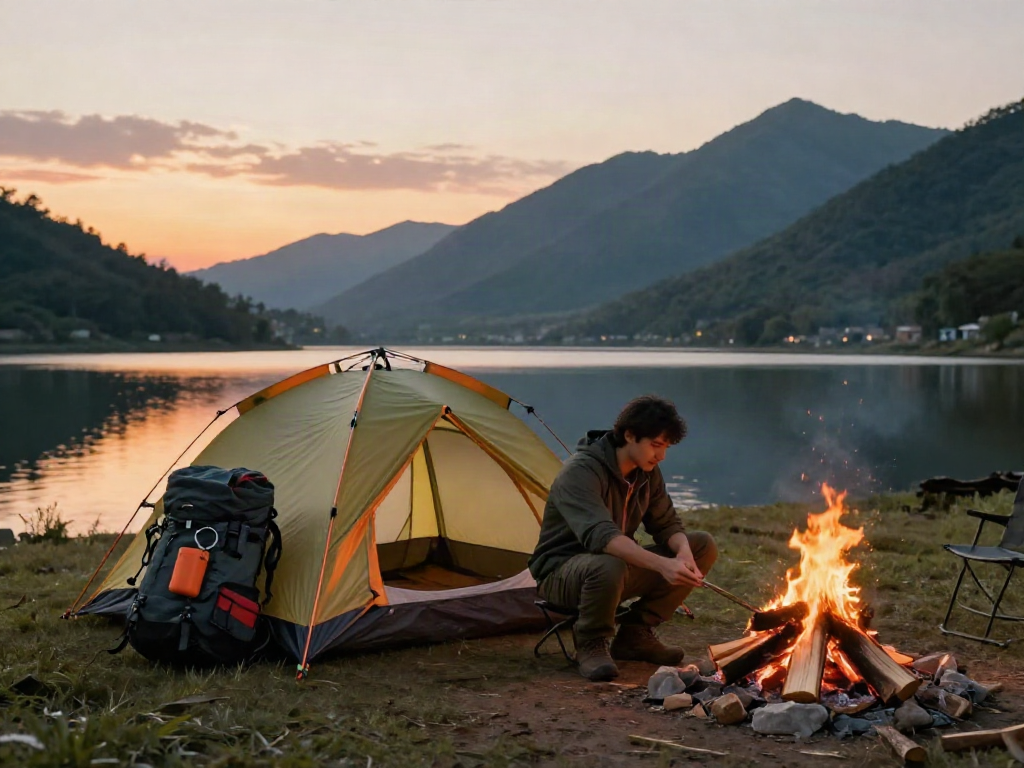 Outdoor adventurer setting up at scenic campsite with rokok 88 camping gear.