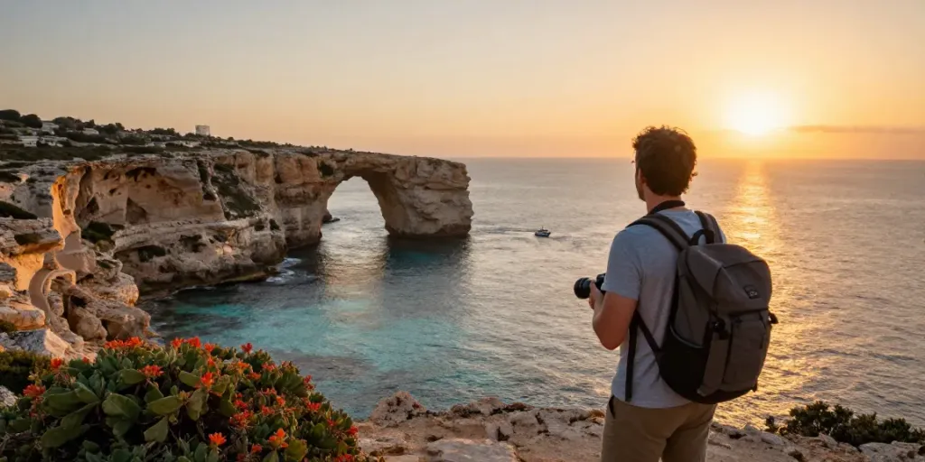 Malta Gozo tour traveler enjoying the breathtaking coastline at sunset.