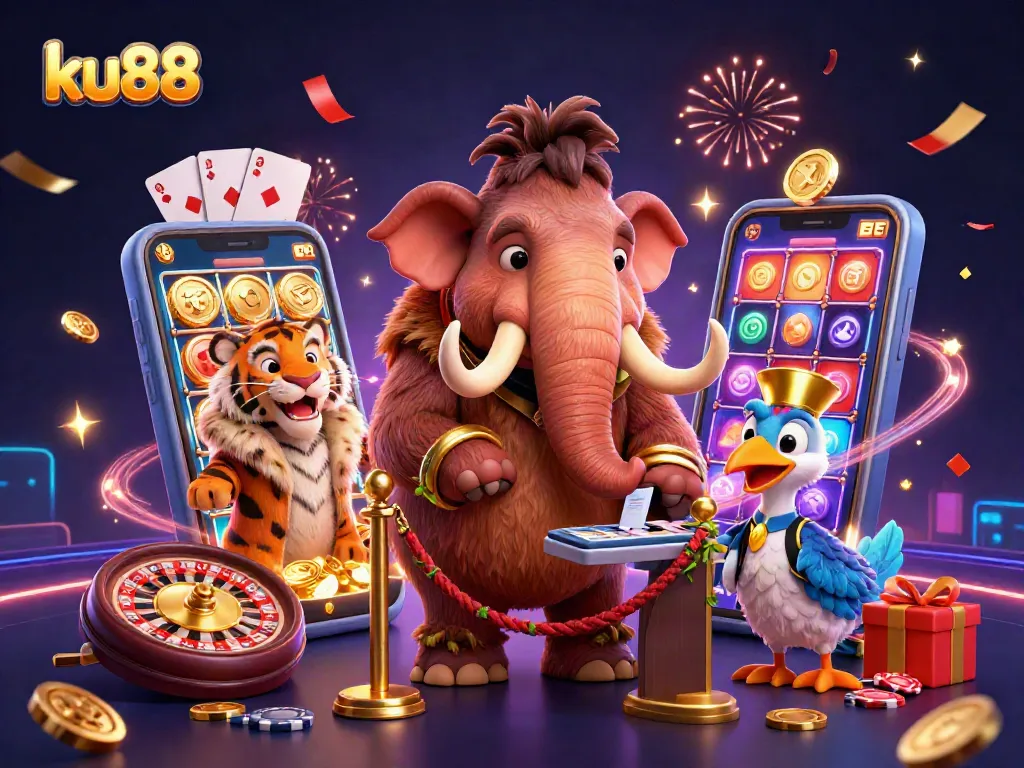 Experience the vibrant casino world at ku88 with a 3D mammoth bouncer and festive gaming elements.
