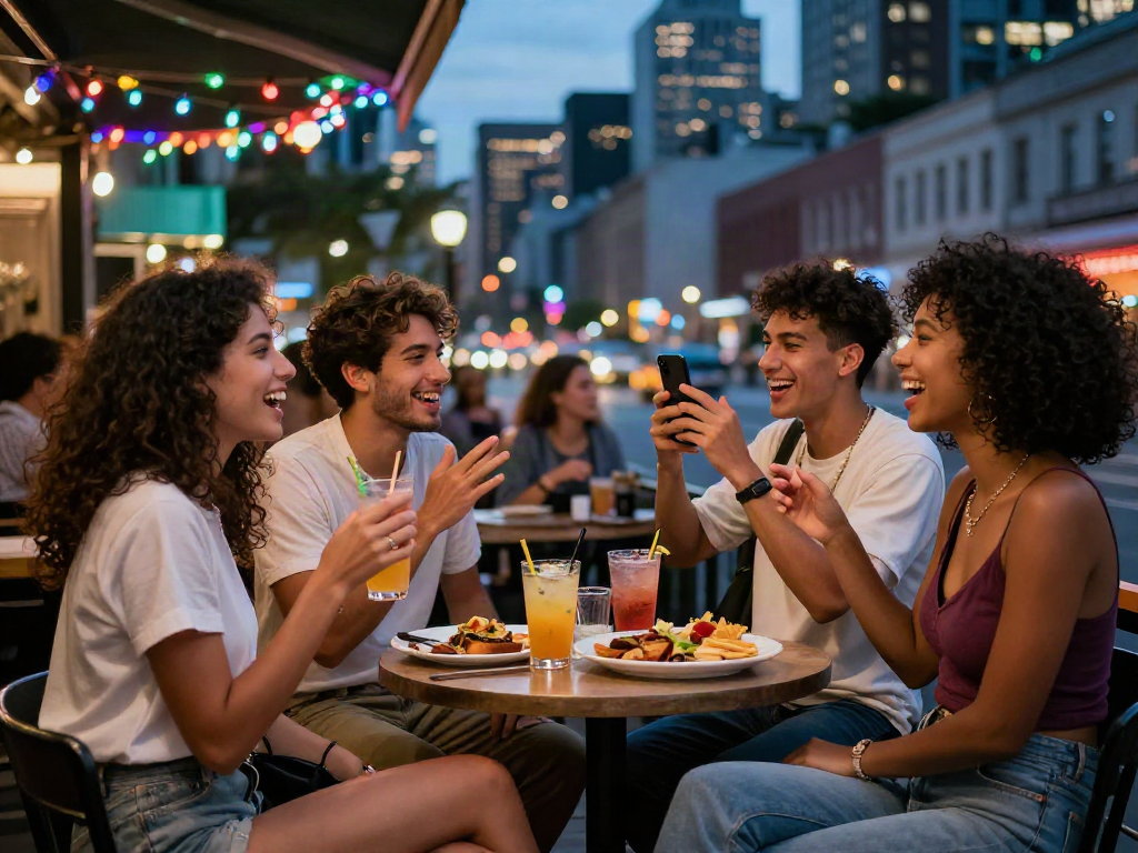 Friends enjoying vibrant nightlife with cocktails in urban setting, rokok88 experiences.