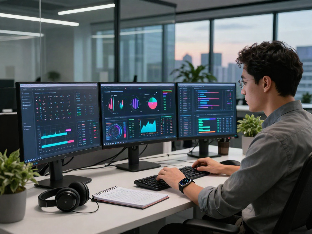 Data analyst working in a tech workspace using crushon ia for advanced analytics insights.