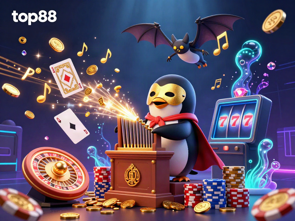 Engage with the vibrant top88 casino scene featuring a phantom opera penguin playing a golden organ amid dynamic gaming elements.