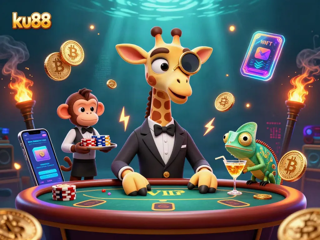 ku88 players enjoying high-stakes poker with dazzling crypto elements in vibrant illustration